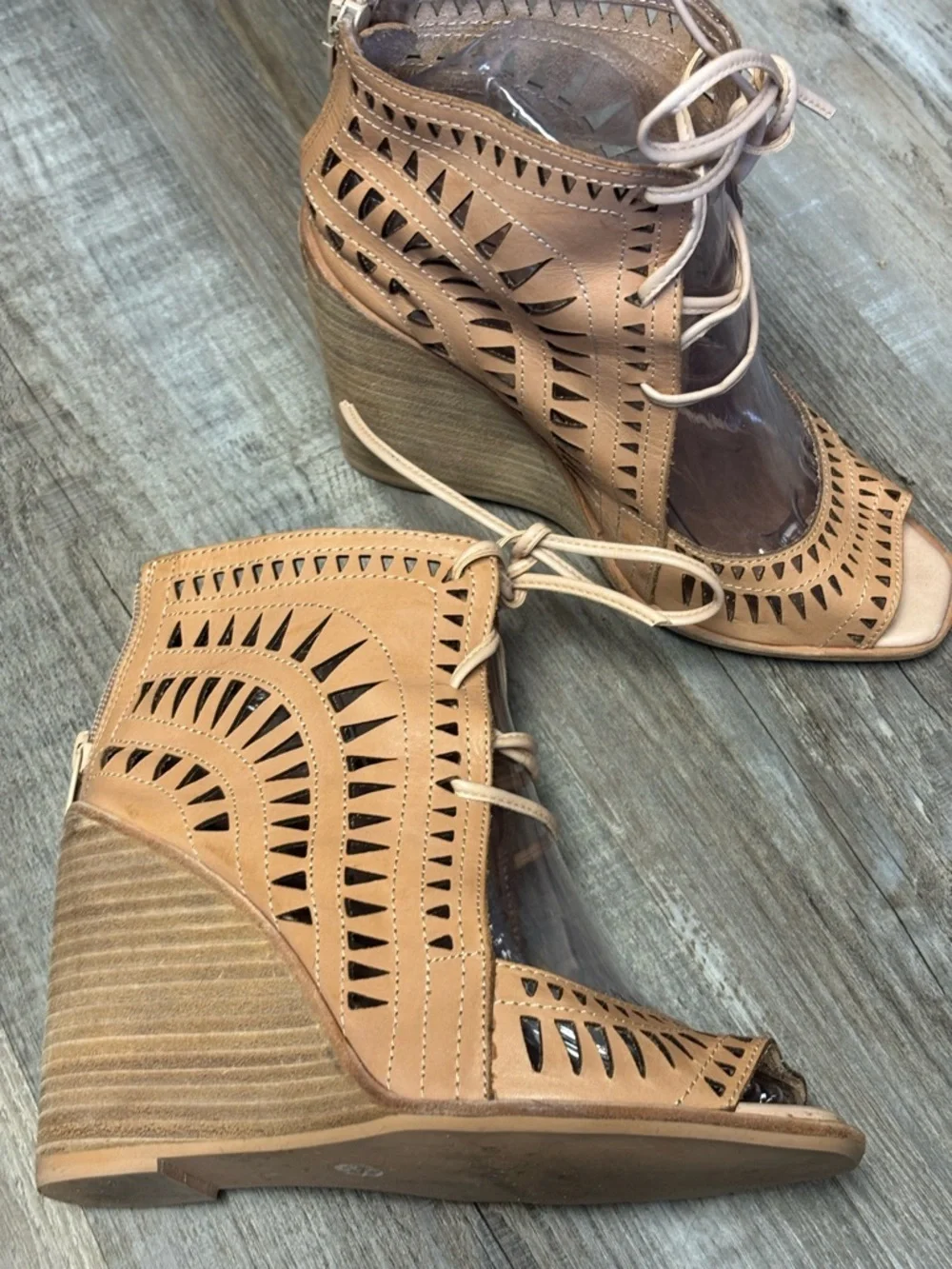 Jeffrey Campbell Rodillo Lace-Up Cutout Wedge Sandals in Nude